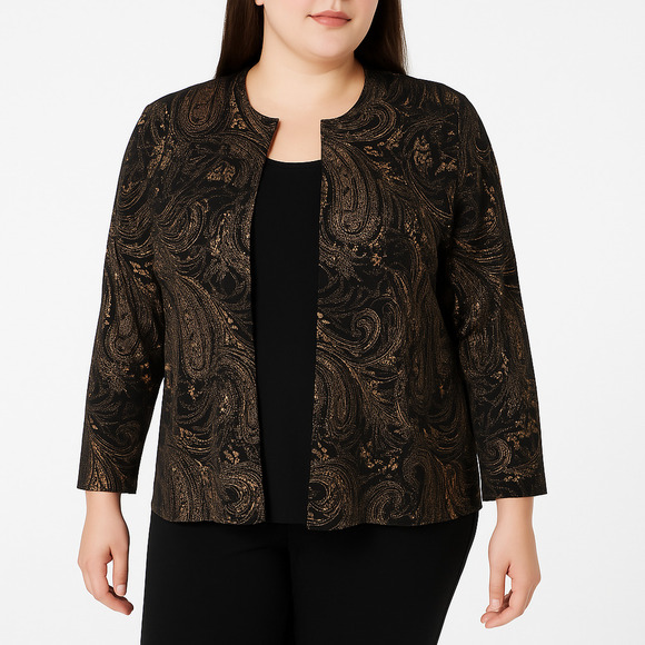Elementz Twinset Black Metallic Gold Bronze Paisley Print Collarless Jacket 2X - Picture 1 of 9